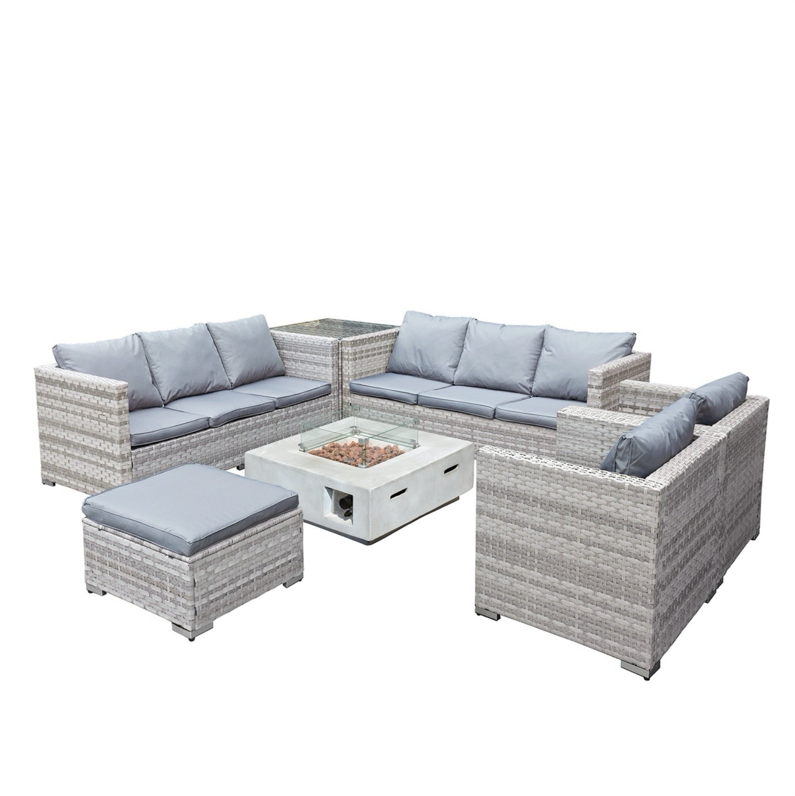 Oseasons Malta XS Rattan 9 Seat U-Shape Set with GRC Firepit in Dove Grey