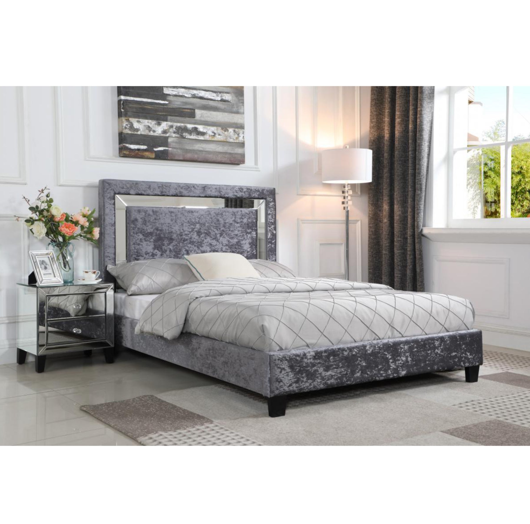 Augustina Crushed Velvet Double Bed Silver with Mirror