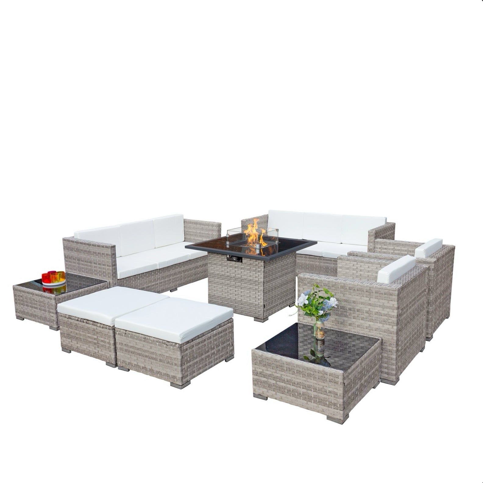 Oseasons Acorn Deluxe Rattan 10 Seat Firepit Modular Set in Dove Grey with White Cushions