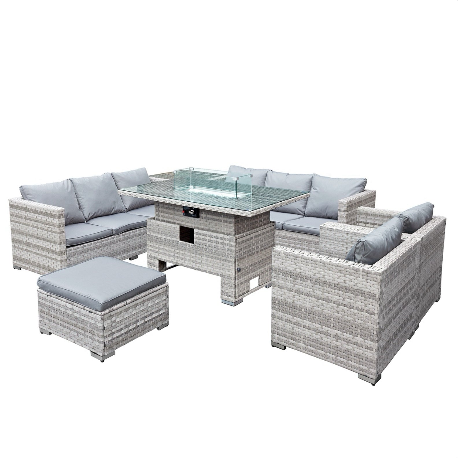 Oseasons Malta Rattan 9 Seat Rising Firepit U-Shape Set in Dove Grey with Footstool