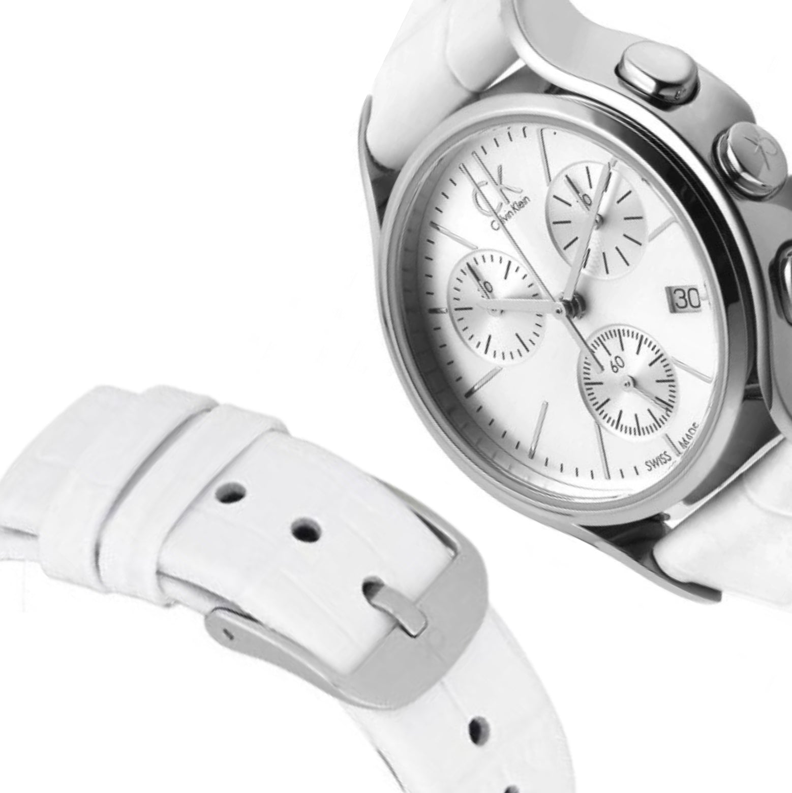 Calvin Klein Skirt Silver Chronograph White Leather Ladies Watch K2U291L6