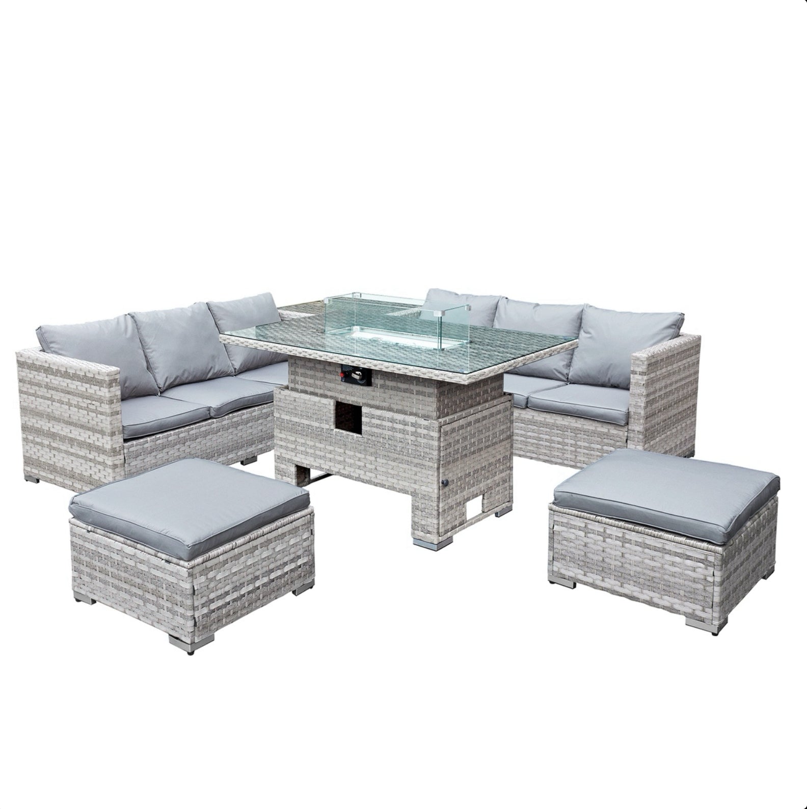 Oseasons Malta Rattan 8 Seat Rising Firepit Corner Set in Dove Grey with 2 Footstools