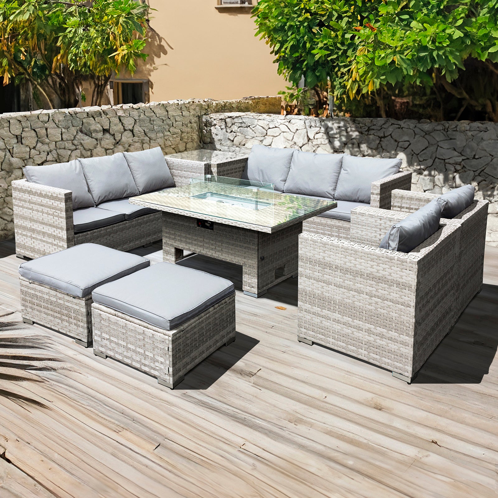 Oseasons Malta Rattan 10 Seat Rising Firepit U-Shape Set in Dove Grey with 2 Footstools