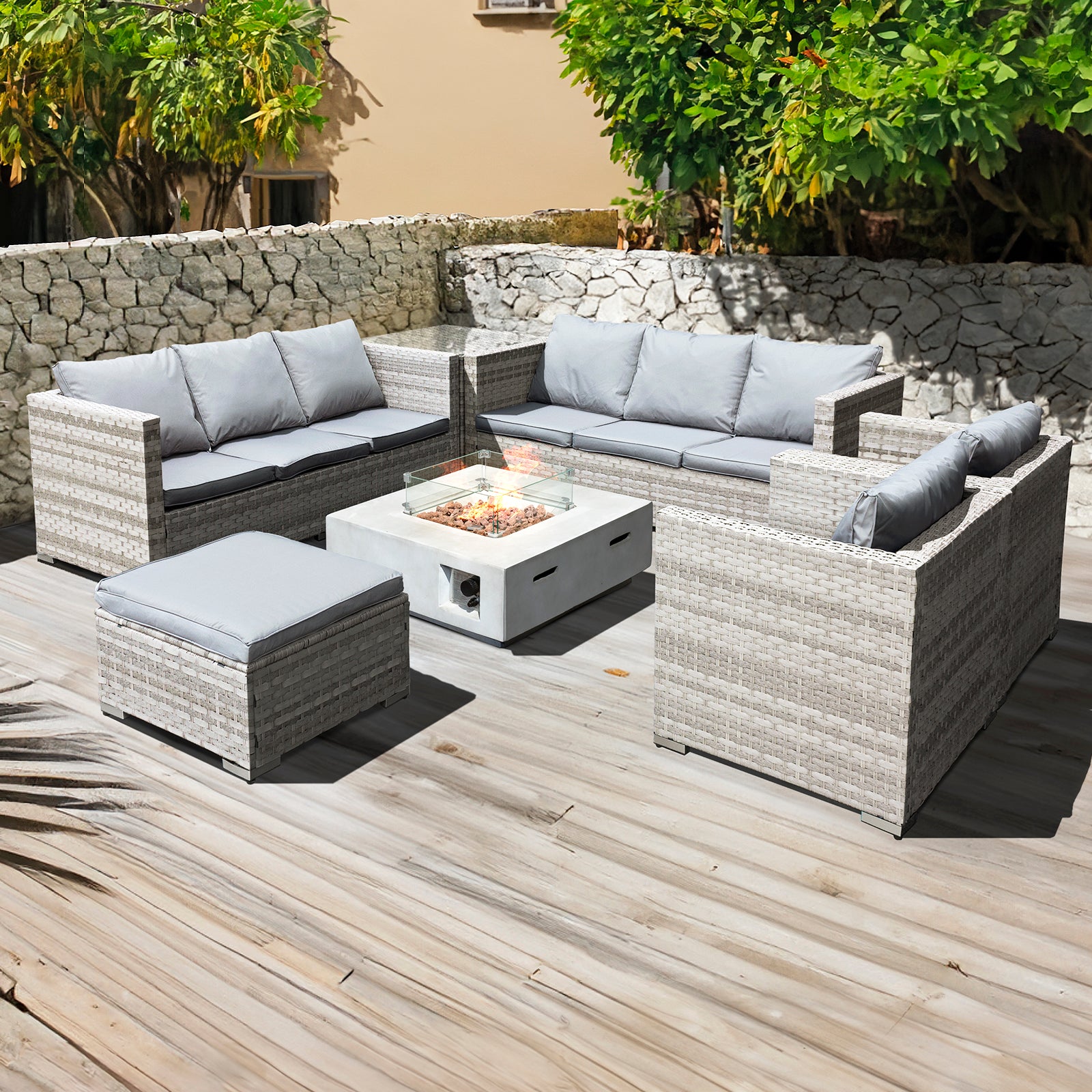 Oseasons Malta XS Rattan 9 Seat U-Shape Set with GRC Firepit in Dove Grey