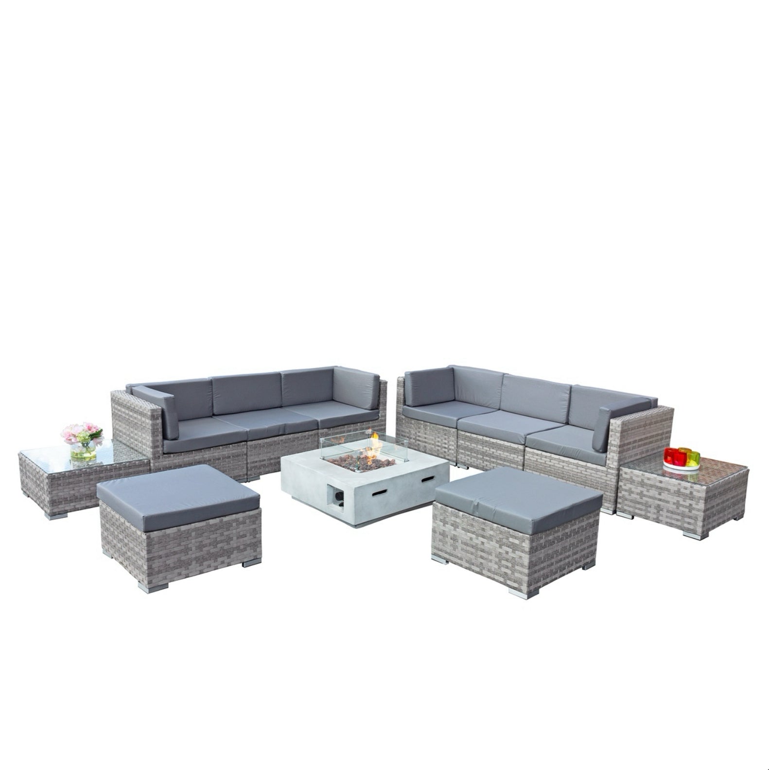 Oseasons Trinidad Deluxe Rattan 8 Seat Modular Sofa Set with GRC Firepit in Dove Grey