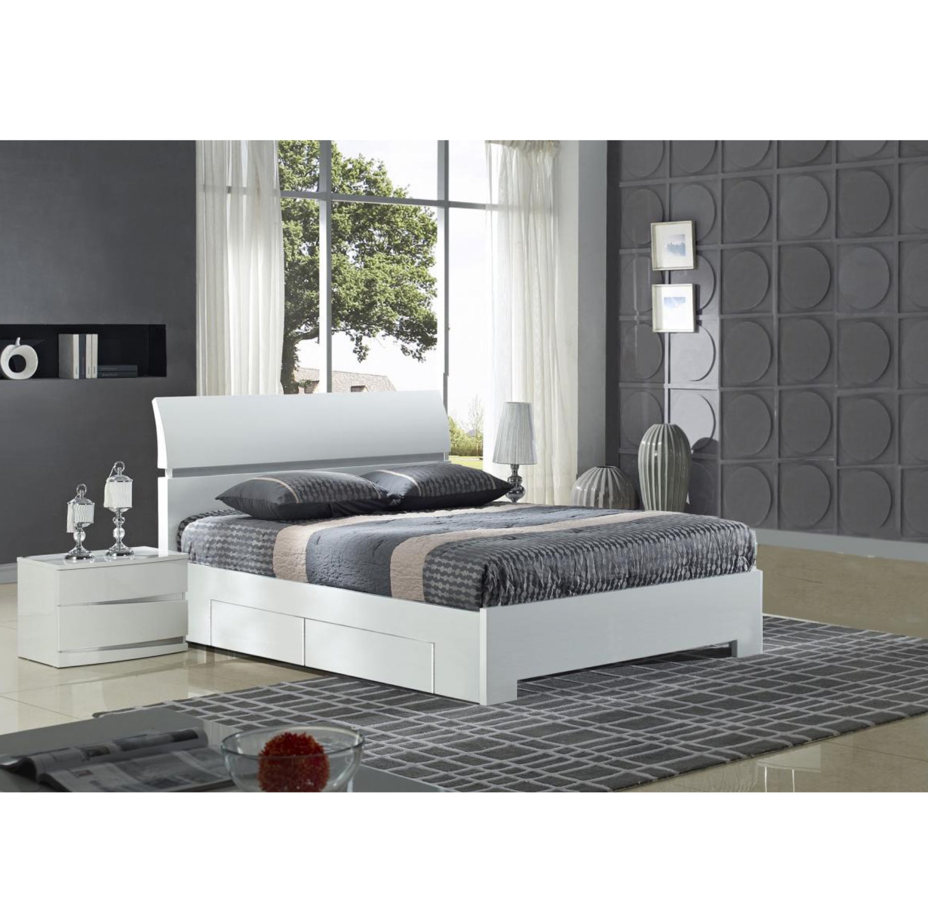 Widney White High Gloss Bed King Size with 4 Drawers